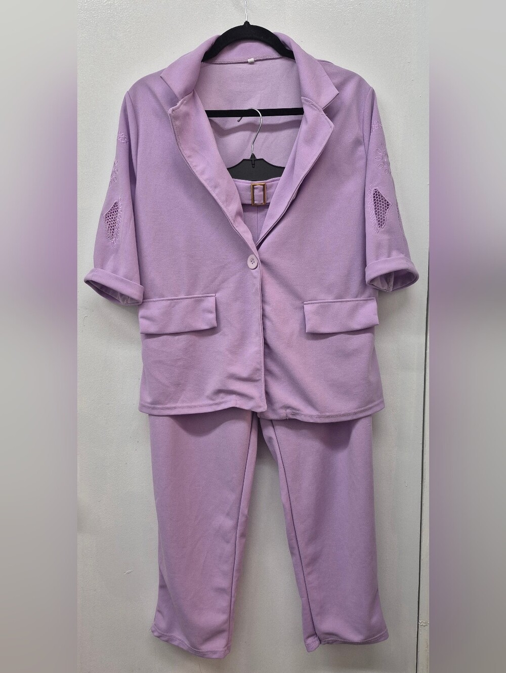 Women's Lavender Lilac Purple Two-Piece Set Pants Blazer Embroided Sleeves